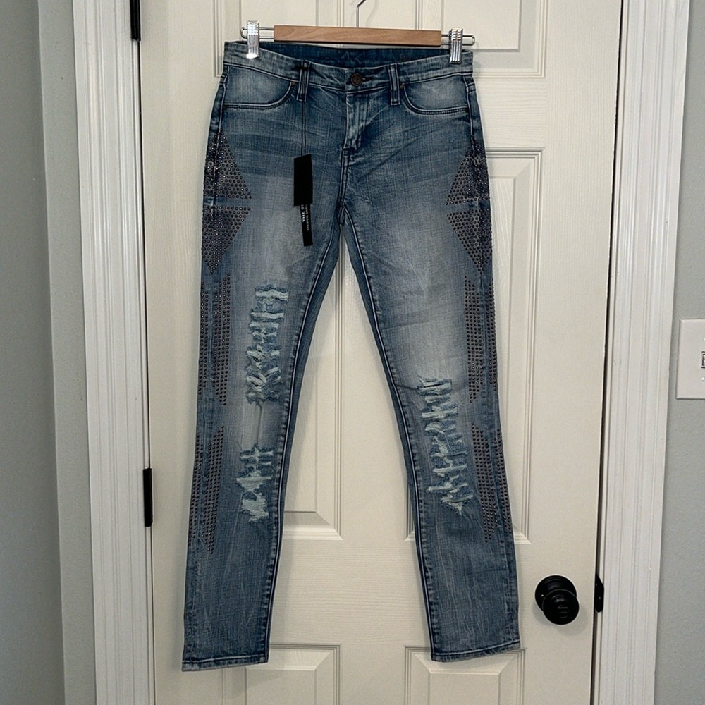 NWT BlankNYC The Spray On Distressed Embellished‎ Super Skinny Jeans Sz 25 Bling